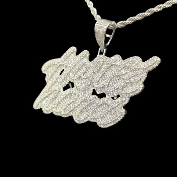 14K White Gold Finish Hustle Hard - Free 24" x 3mm Rope Chain.. - Picture 3 of 8